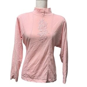 Croquet Club Pink Mock Neck Floral Embroidered Top Size‎ L Soft Girl Vintage